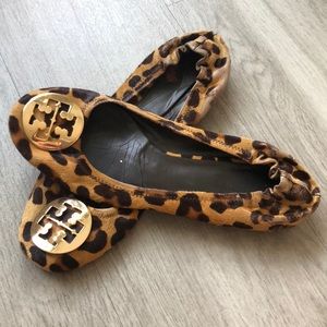 Tory Burch leopard print horse Reva hair flats